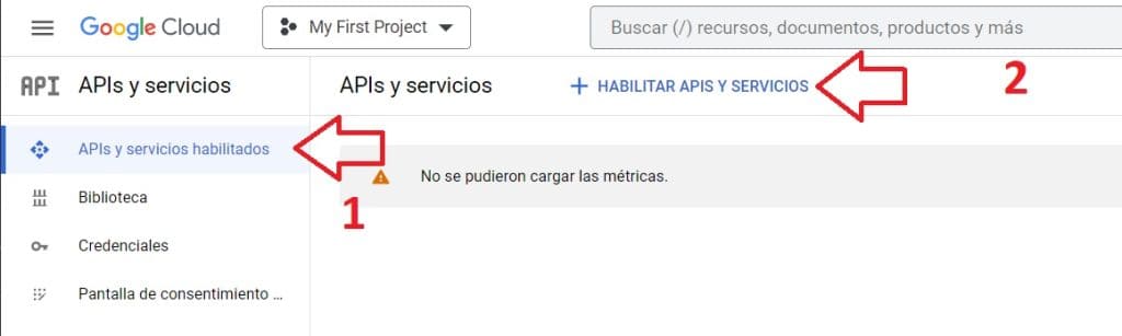 paso 3: Crear una cuenta en Google Maps: seleccionar apis y servicios habilitados