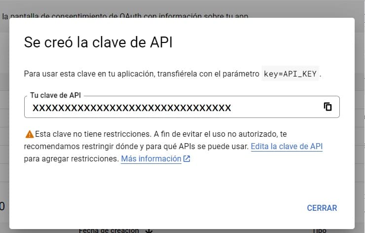 paso 4: Crear una cuenta en Google Maps: vista de la clave de api